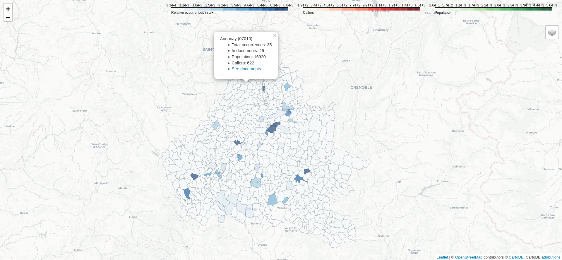 Carte de la région Drôme-Ardèche représentant le nombre de fois où une commune a été mentionnée dans les émissions analysées. Ici, Anonnay a été mentionnée 35 fois, dont 26 dans des documents. Sa population est de 16920 habitants et 622 auditeurs ont appelé depuis cette commune