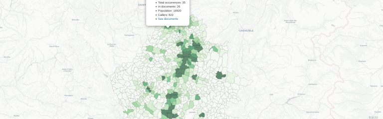 Carte de la région Drôme-Ardèche représentant la concentration de la population dans cette région. Ici, Anonnay a été mentionnée 35 fois, dont 26 dans des documents. Sa population est de 16920 habitants et 622 auditeurs ont appelé depuis cette commune